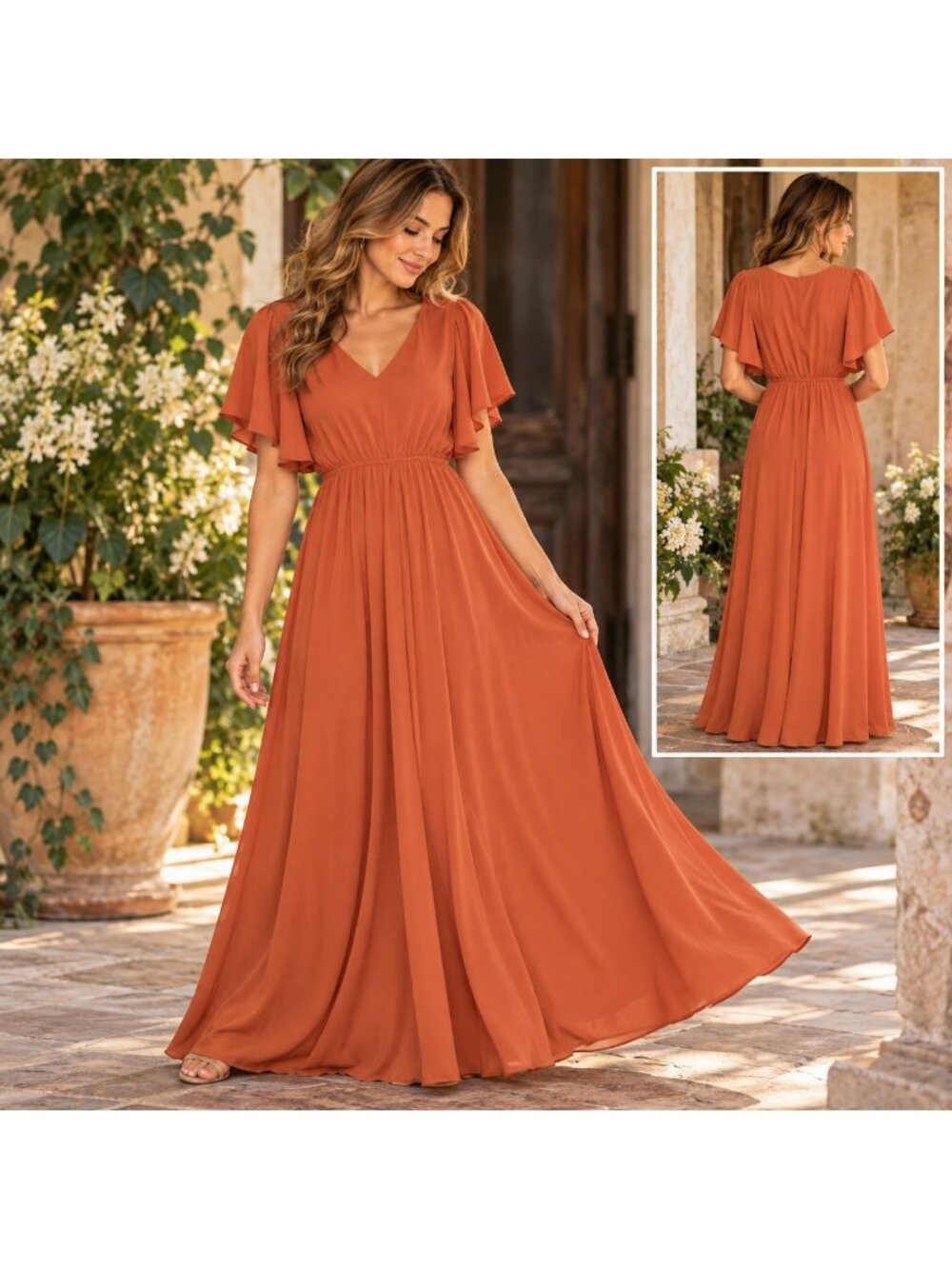 Terracotta Burnt Orange Maxi Dress Womens S Flutter Sleeve V Neck Boho Fall